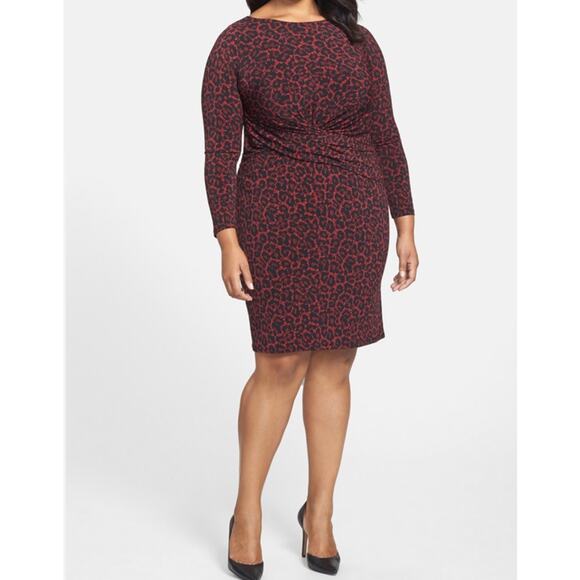 Michael Kors Plus Size 2X Red Black Animal Print Ruched Long Sleeve Dress - Picture 1 of 7